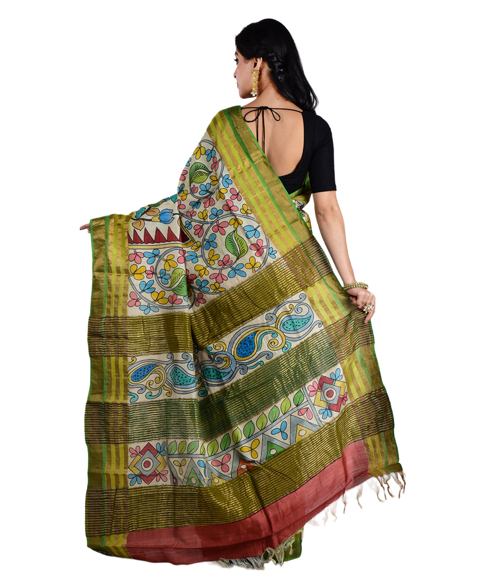 Beige multicolor bengal hand printed tussar silk saree