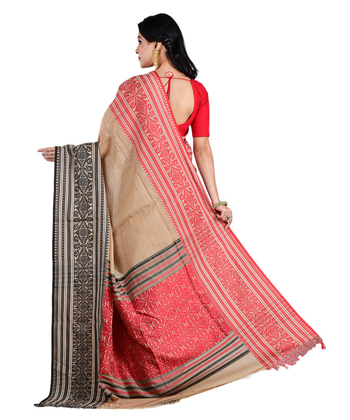 Beige red handwoven cotton silk saree