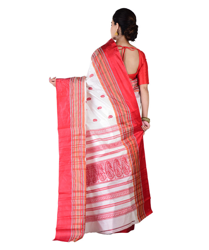 Offwhite red hand printed silk saree