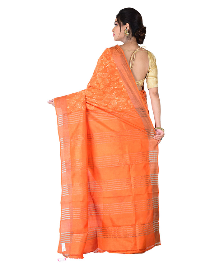 Orange hand printed silk saree
