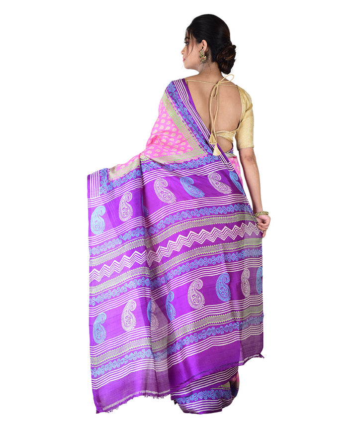 Pink navy blue hand printed silk saree