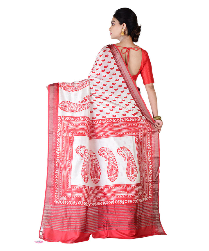 Offwhite red hand-printed silk saree