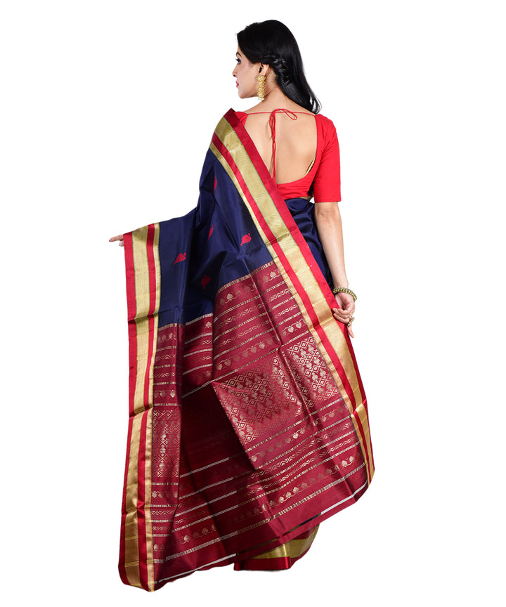 Navy blue red handwoven silk saree