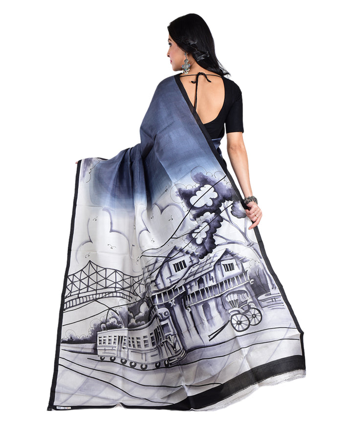 Grey black hand painted silk saree