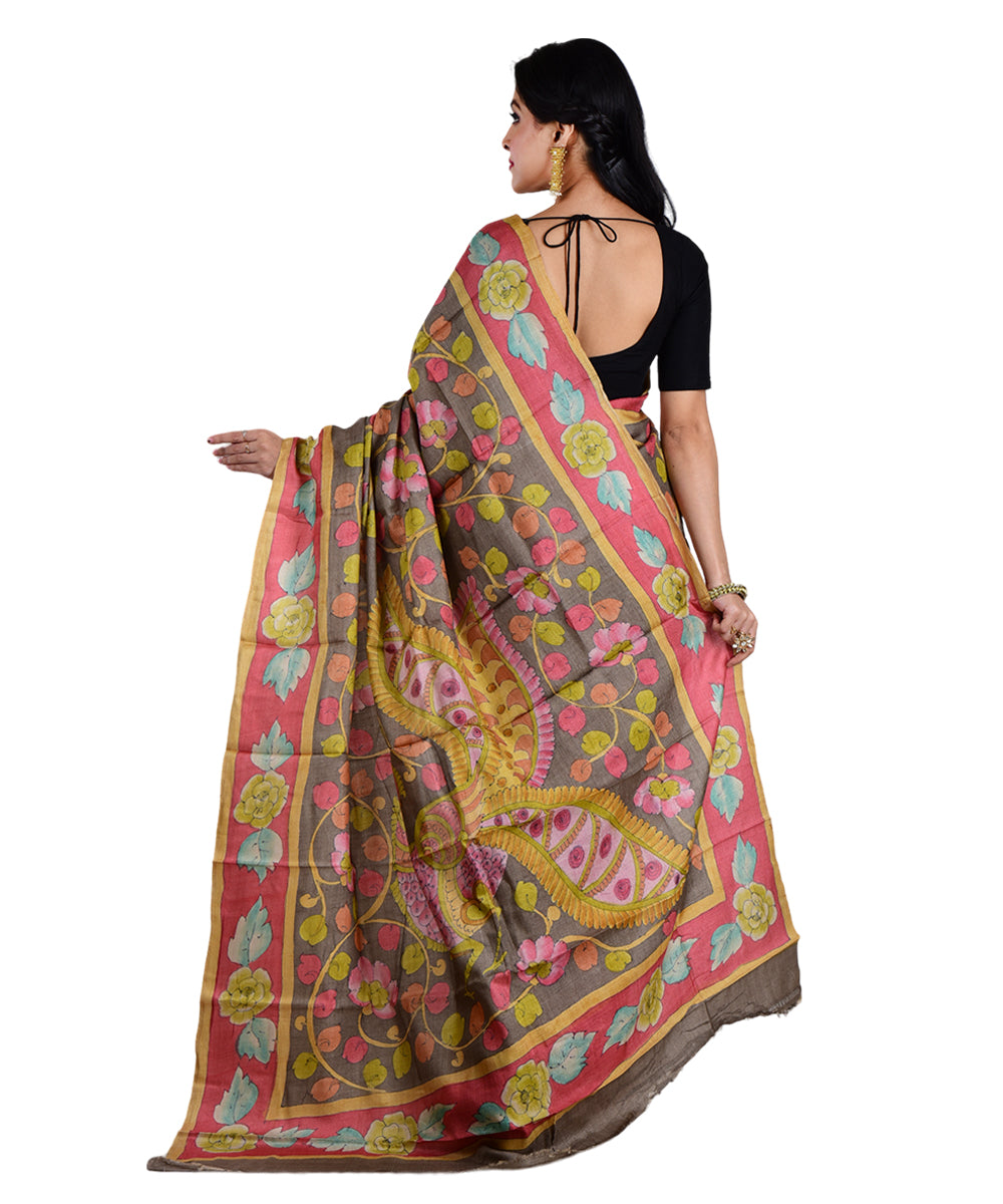 Multicolor brown hand printed tussar silk saree