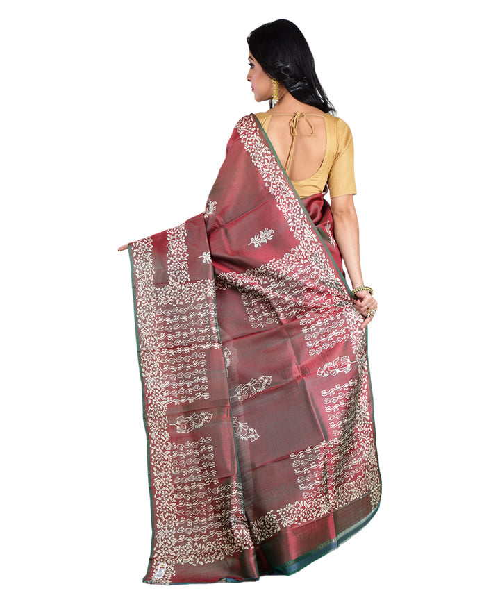 Maroon multicolor hand printed silk saree