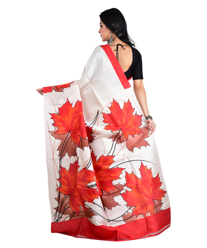 White multicolor hand printed silk saree