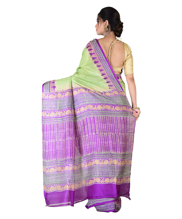 Light green purple hand printed silk saree