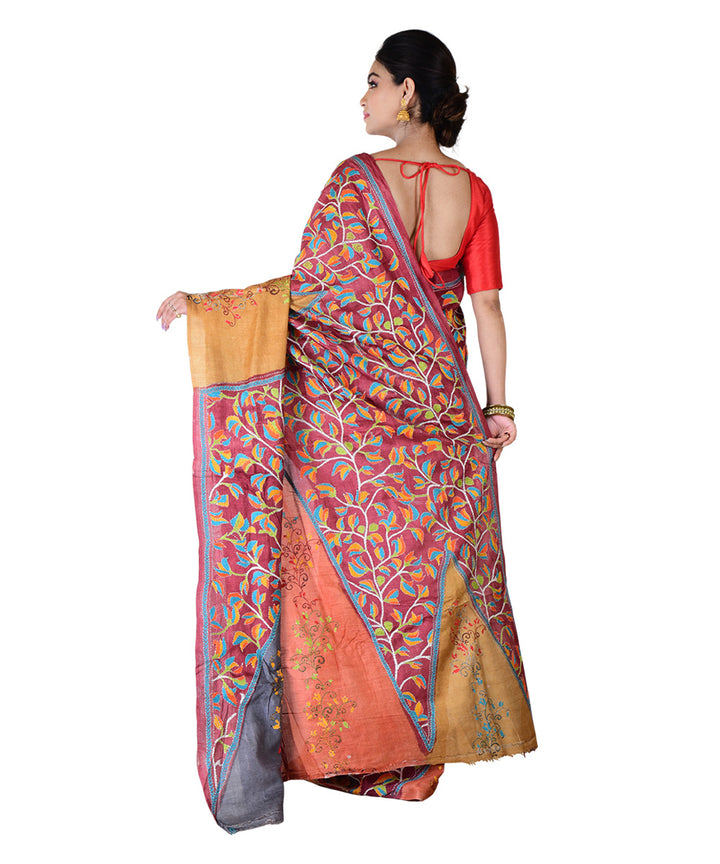 Multicolor mustard hand printed tussar silk saree