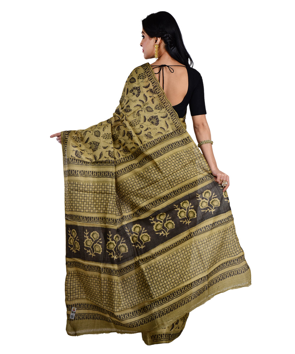 Beige brown hand printed tussar silk saree