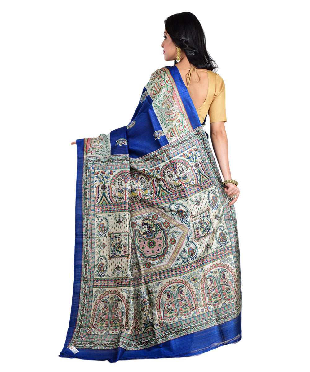 Navy blue multicolor hand printed tussar silk saree