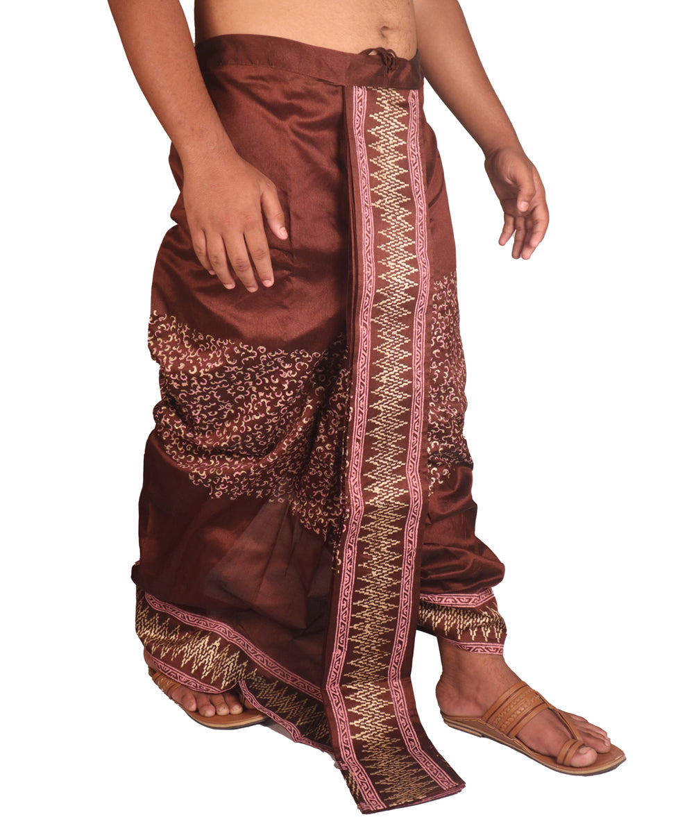 Brown hand block printed art silk dhoti