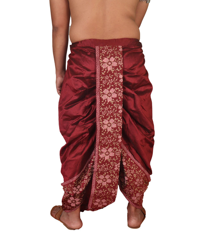 Wine hand block printed art silk dhoti