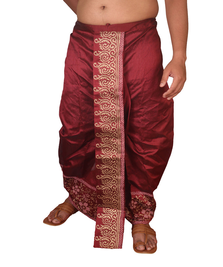 Wine hand block printed art silk dhoti