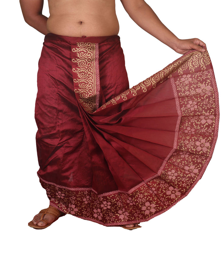 Wine hand block printed art silk dhoti