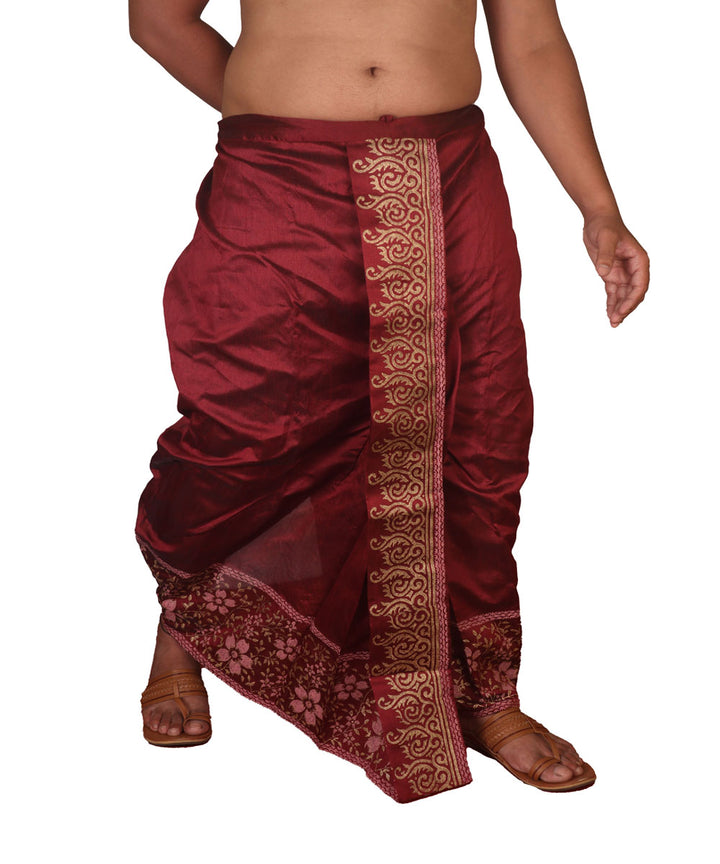 Wine hand block printed art silk dhoti