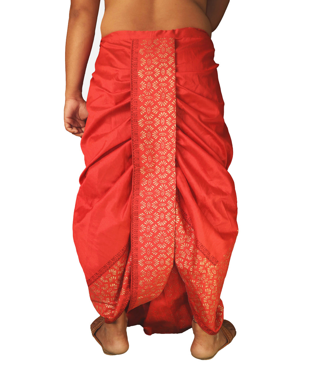 Maroon hand block printed art silk dhoti