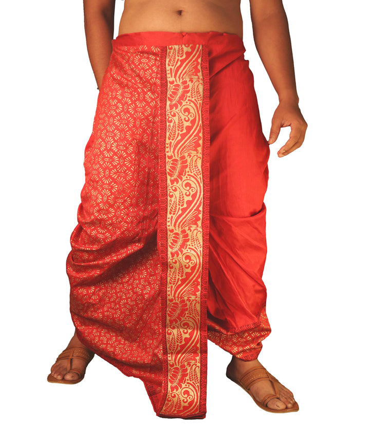 Maroon hand block printed art silk dhoti