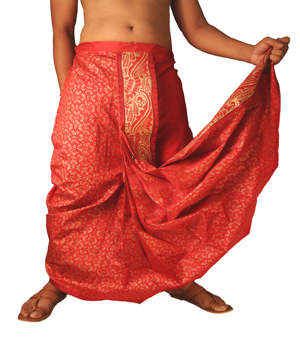 Maroon hand block printed art silk dhoti