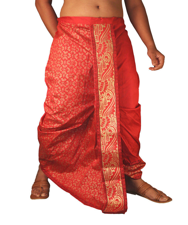 Maroon hand block printed art silk dhoti