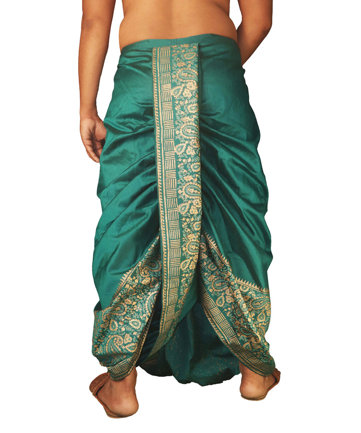 Deep green hand block printed art silk dhoti