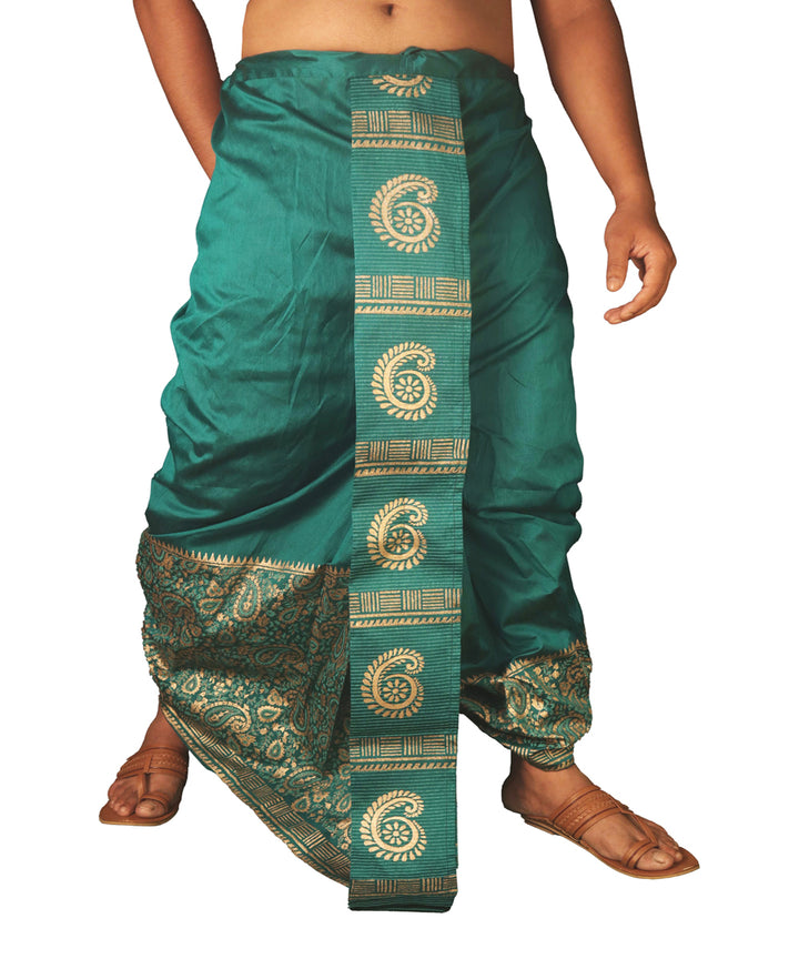 Deep green hand block printed art silk dhoti