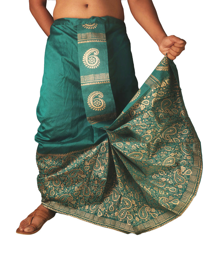 Deep green hand block printed art silk dhoti