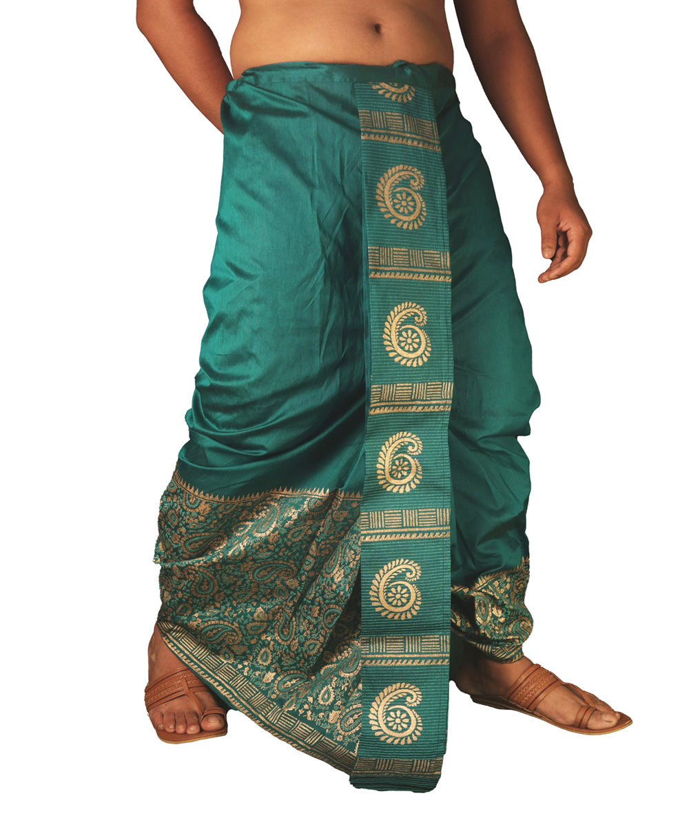 Deep green hand block printed art silk dhoti