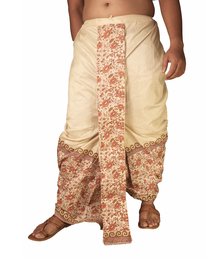 Cream red hand block printed art silk dhoti