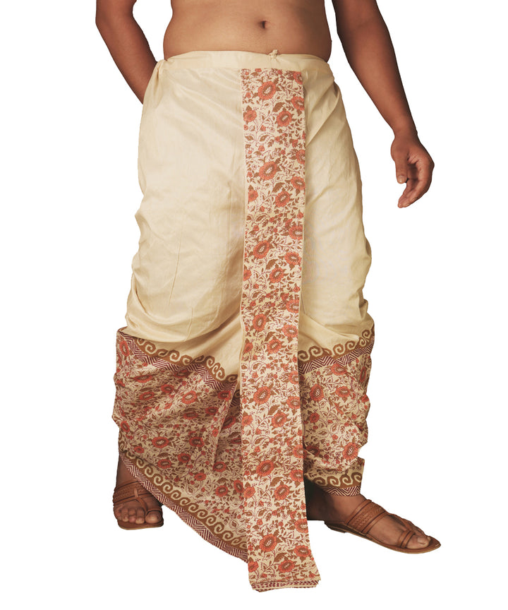 Cream red hand block printed art silk dhoti