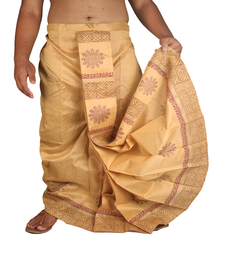 Beige hand block printed art silk dhoti