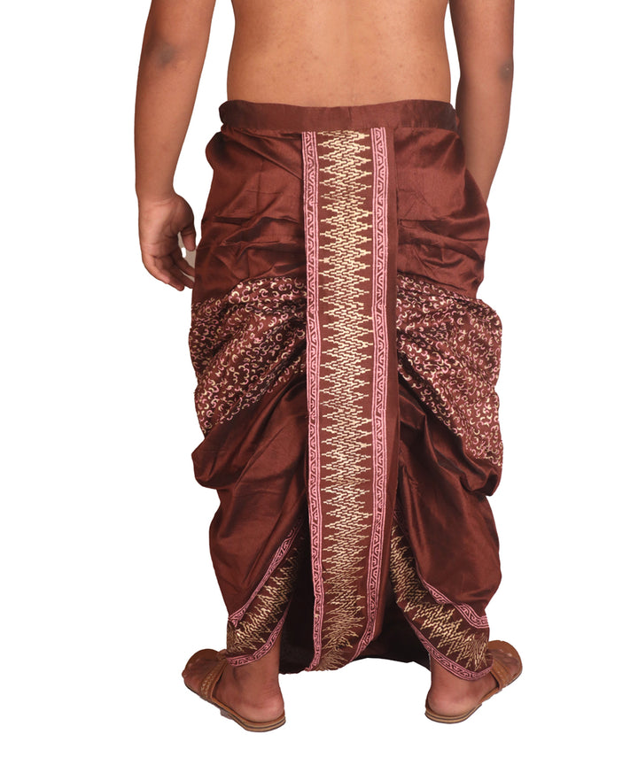 Brown hand block printed art silk dhoti