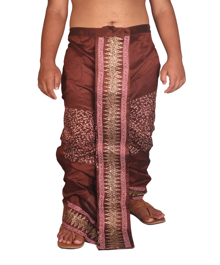 Brown hand block printed art silk dhoti