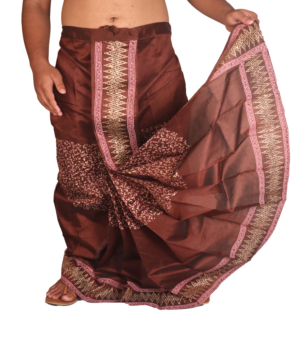 Brown hand block printed art silk dhoti