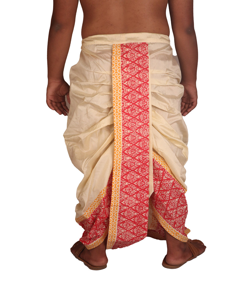 Cream hand block printed art silk dhoti