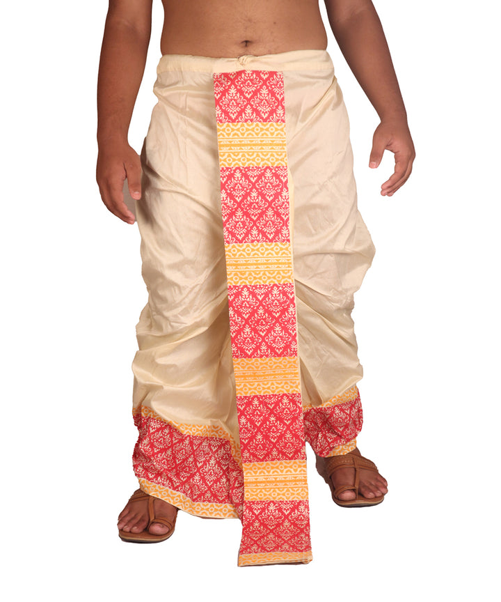 Cream hand block printed art silk dhoti