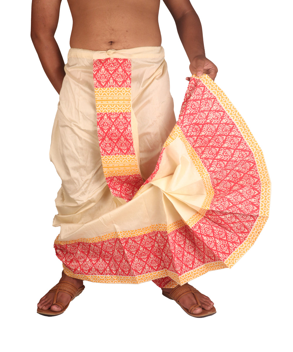 Cream hand block printed art silk dhoti