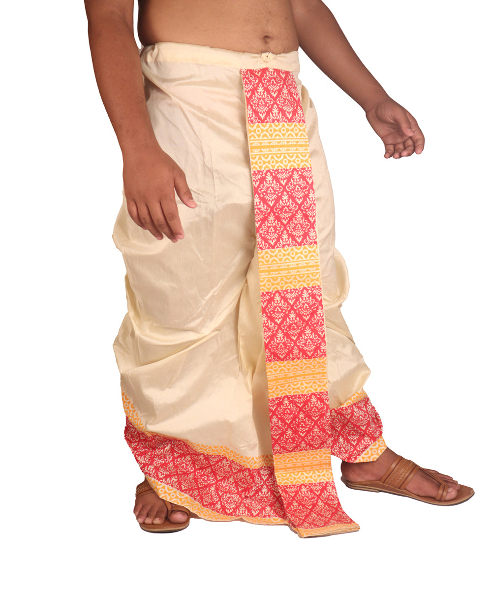 Cream hand block printed art silk dhoti