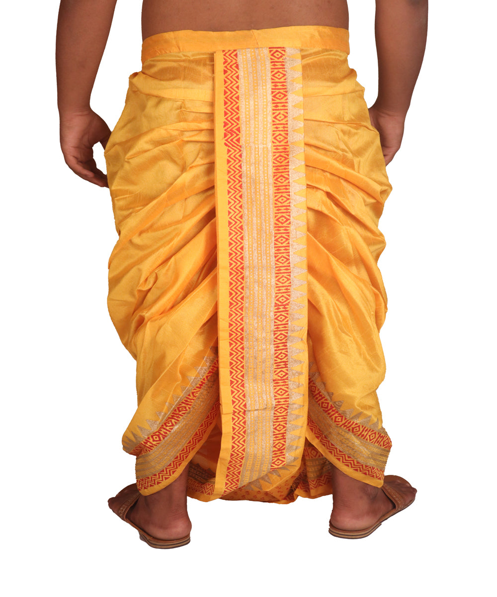 Golden yellow hand block printed art silk dhoti