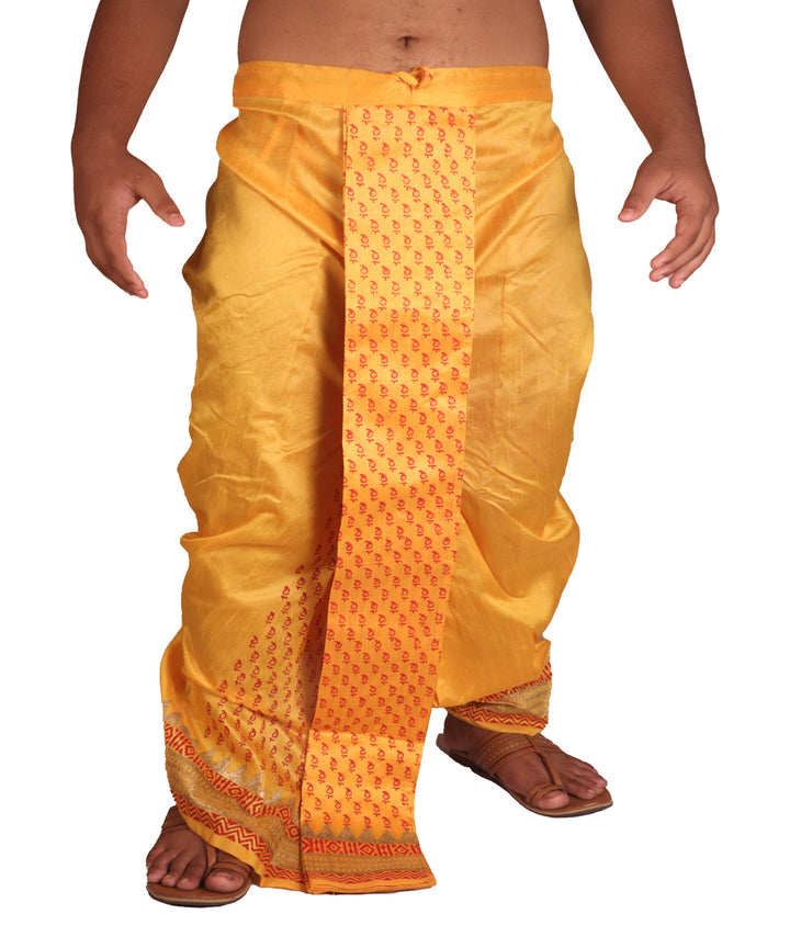 Golden yellow hand block printed art silk dhoti