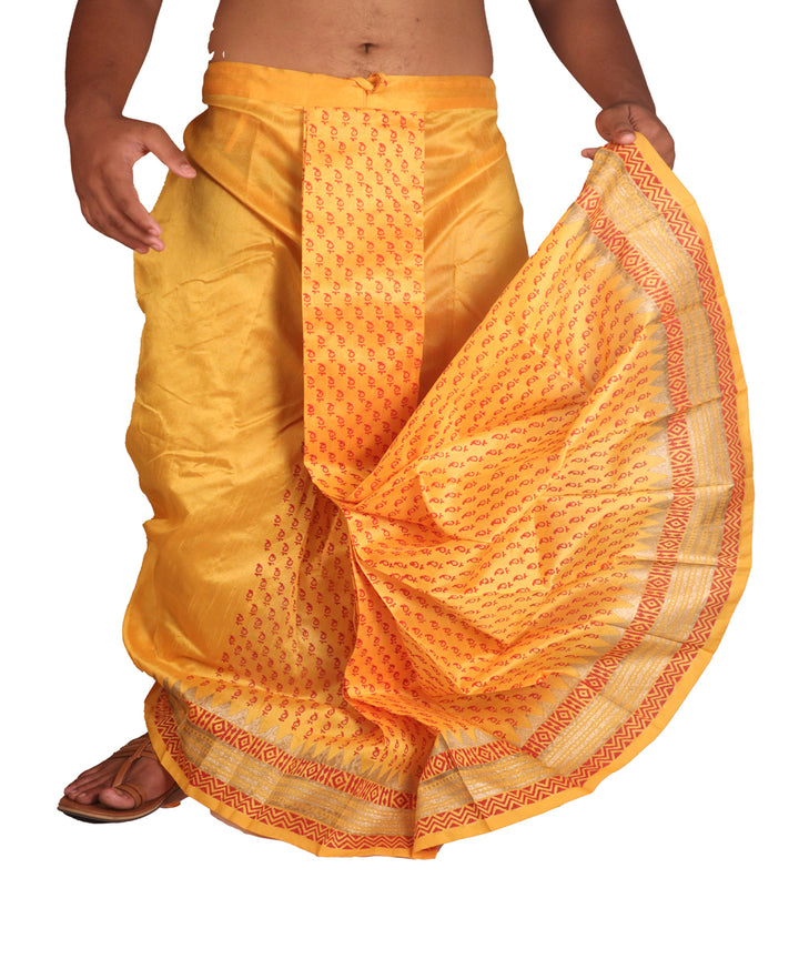 Golden yellow hand block printed art silk dhoti