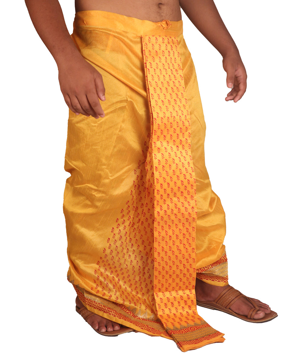 Golden yellow hand block printed art silk dhoti