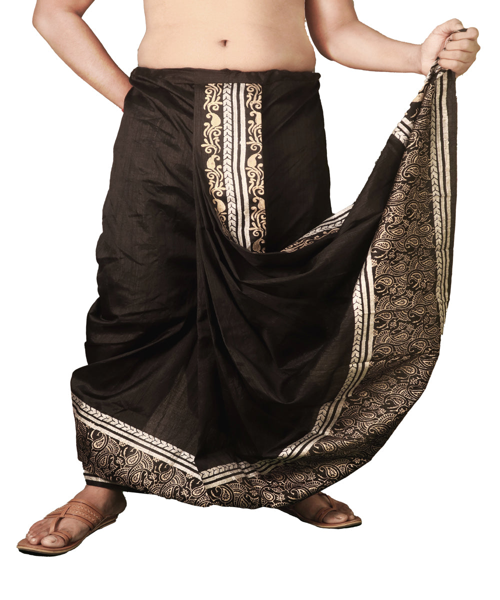 Black hand block printed art silk dhoti