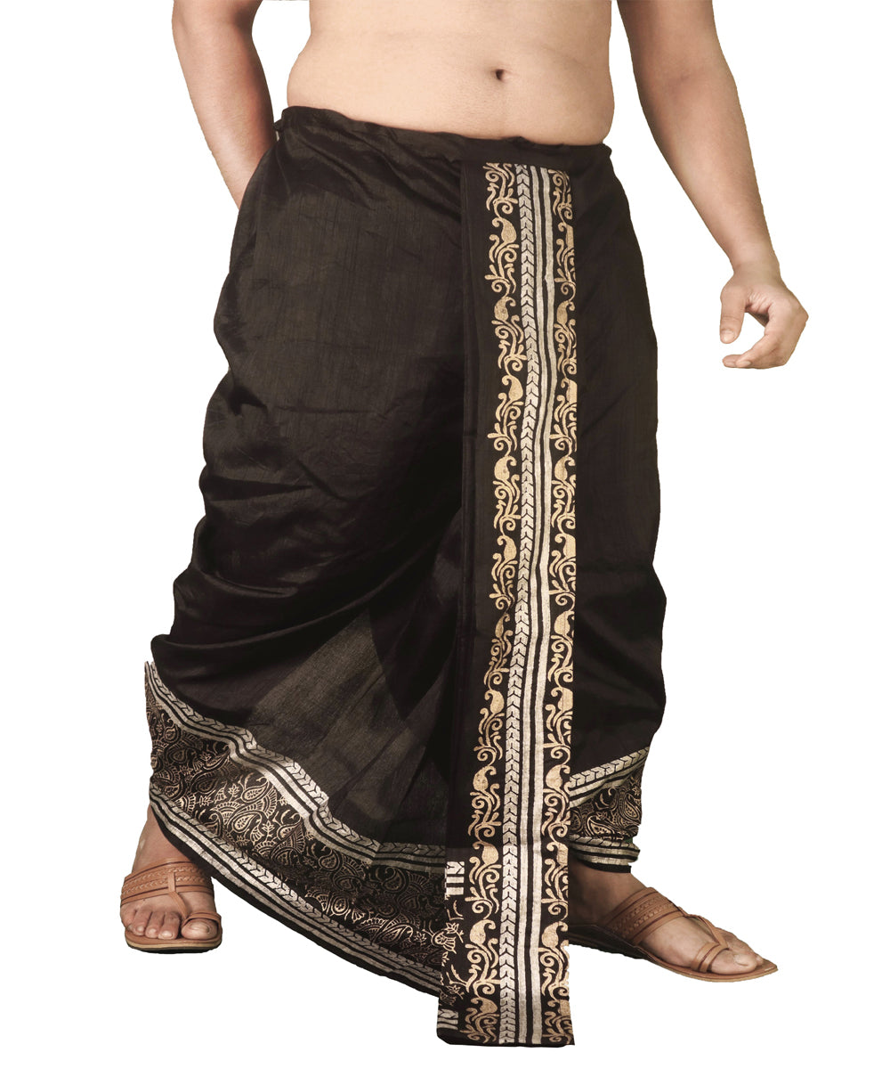 Black hand block printed art silk dhoti