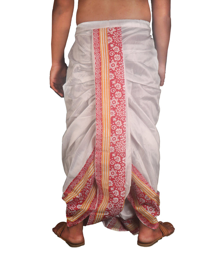 White hand block printed art silk dhoti