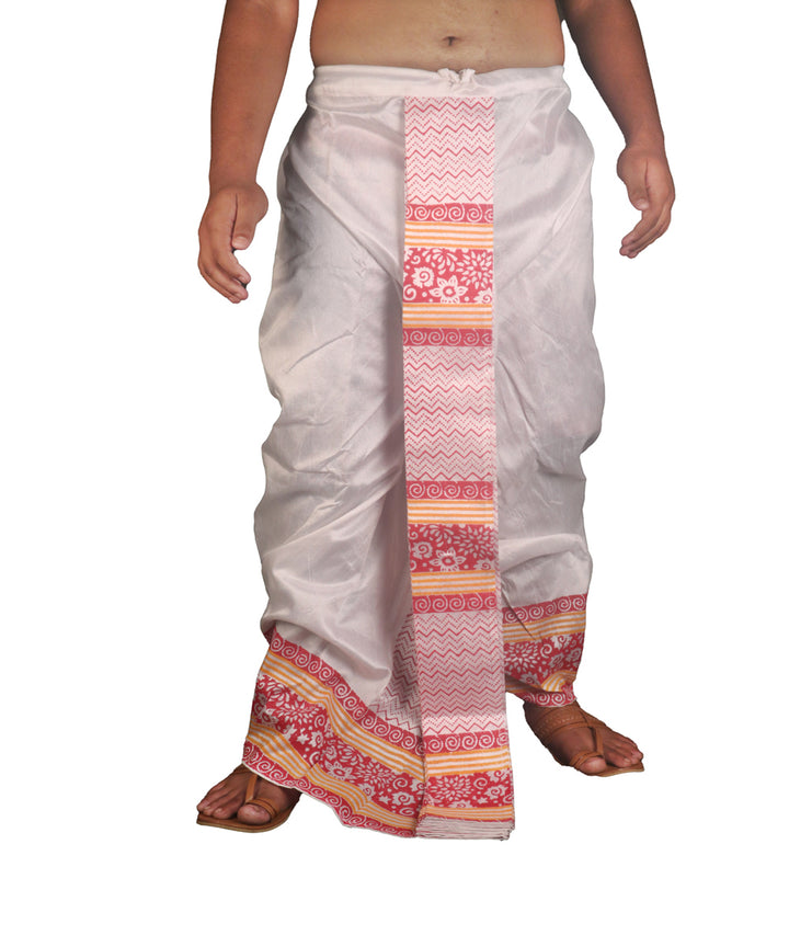 White hand block printed art silk dhoti