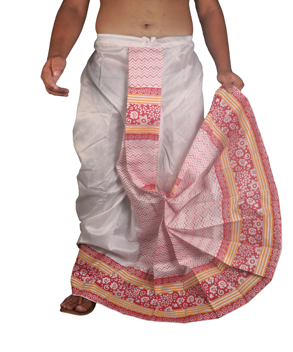 White hand block printed art silk dhoti