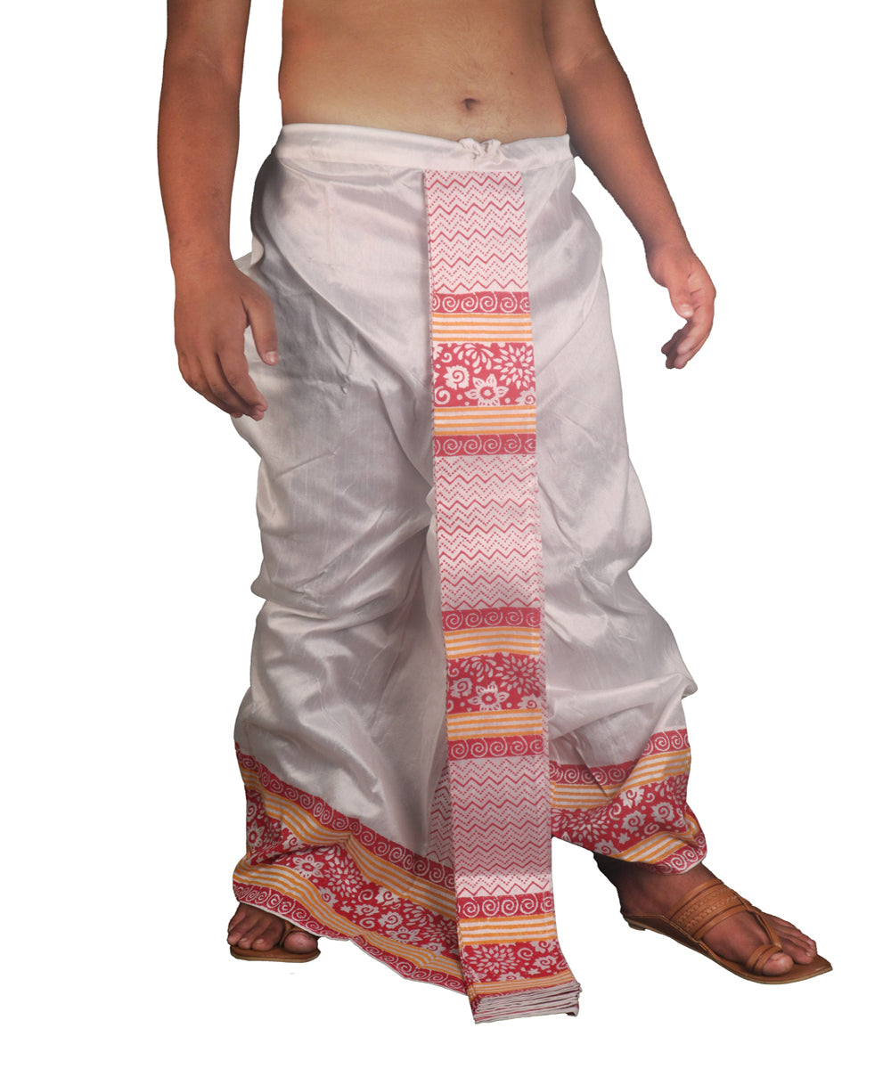 White hand block printed art silk dhoti