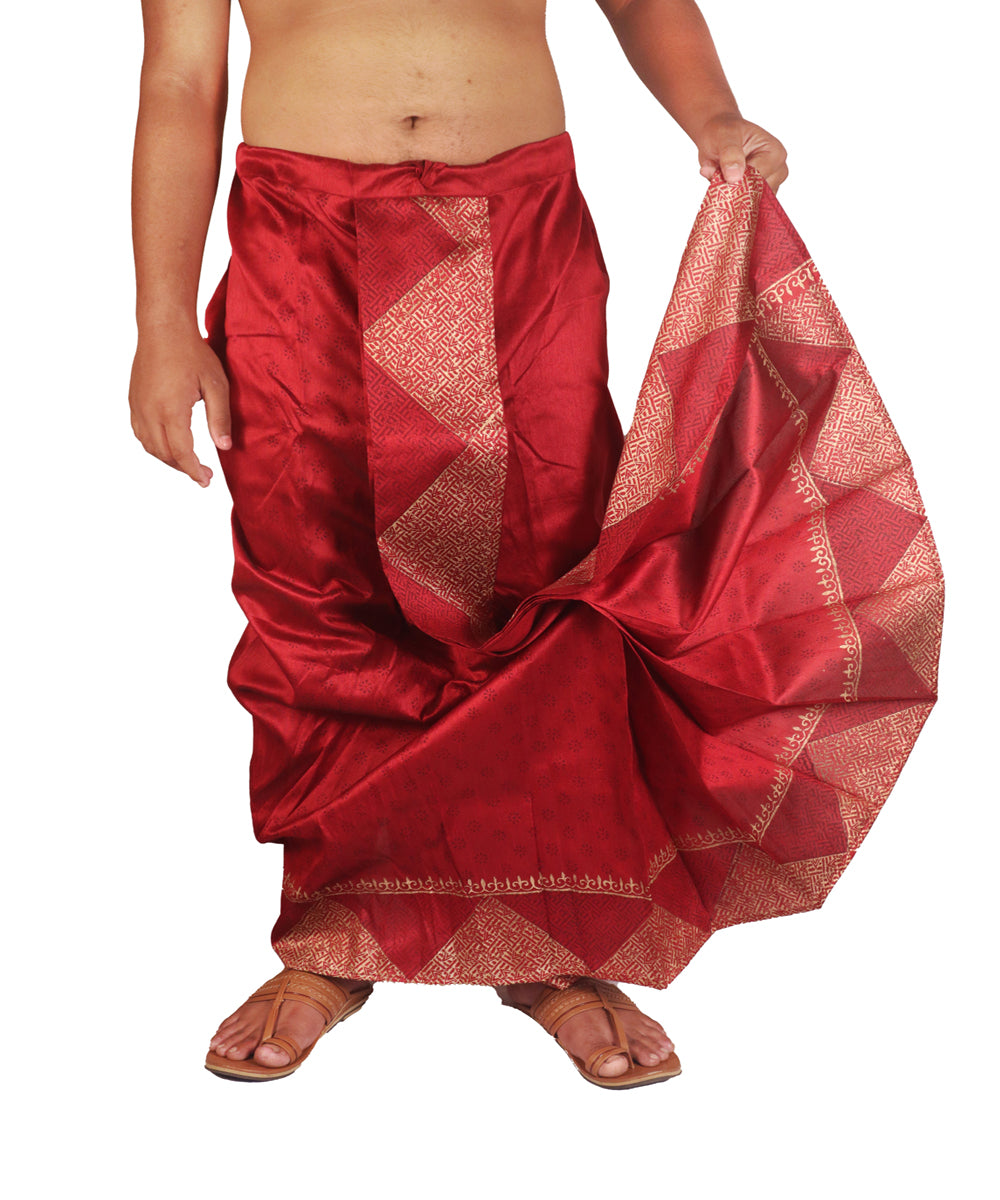 Maroon art silk hand block print dhoti