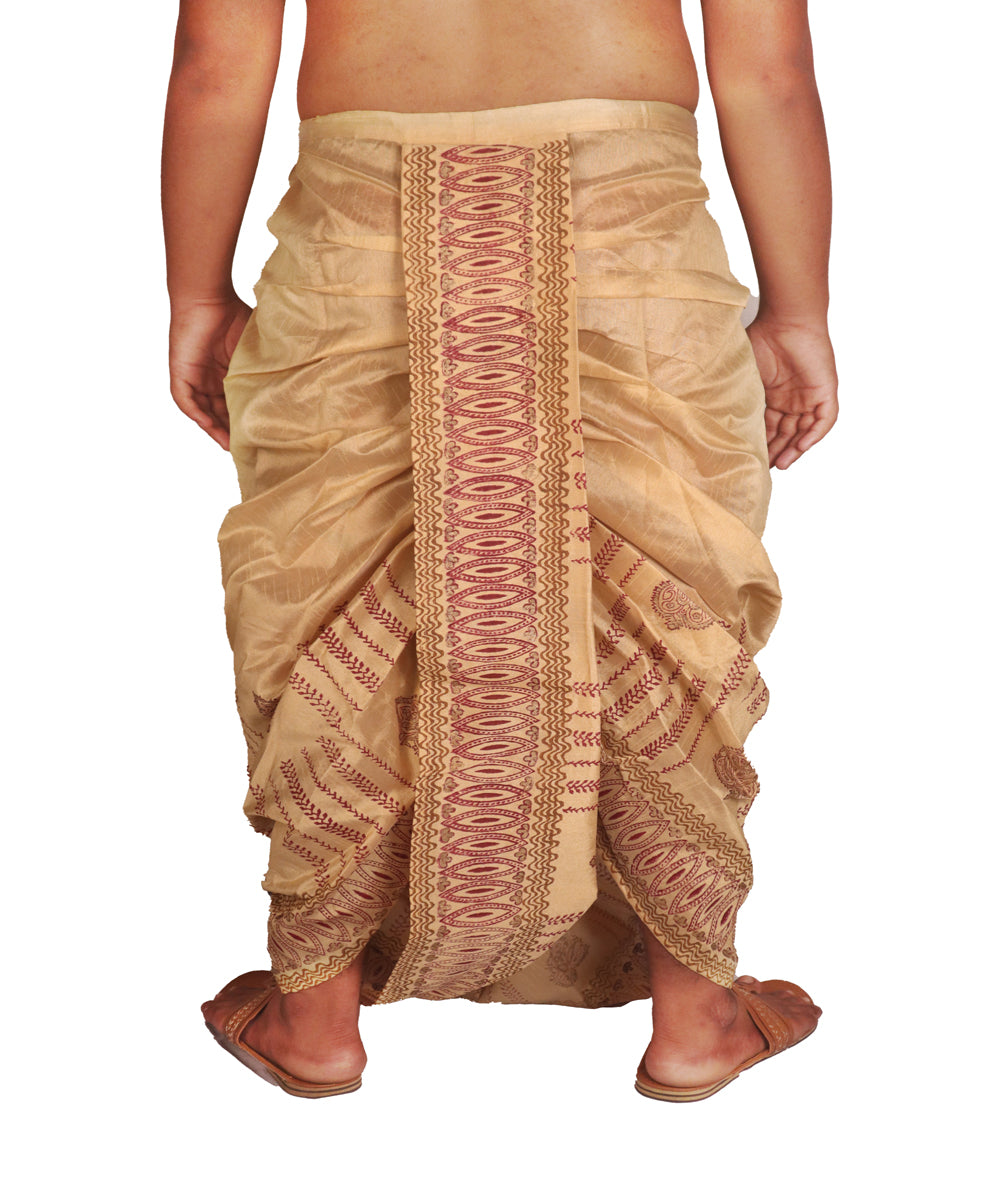 Beige art silk hand block print dhoti